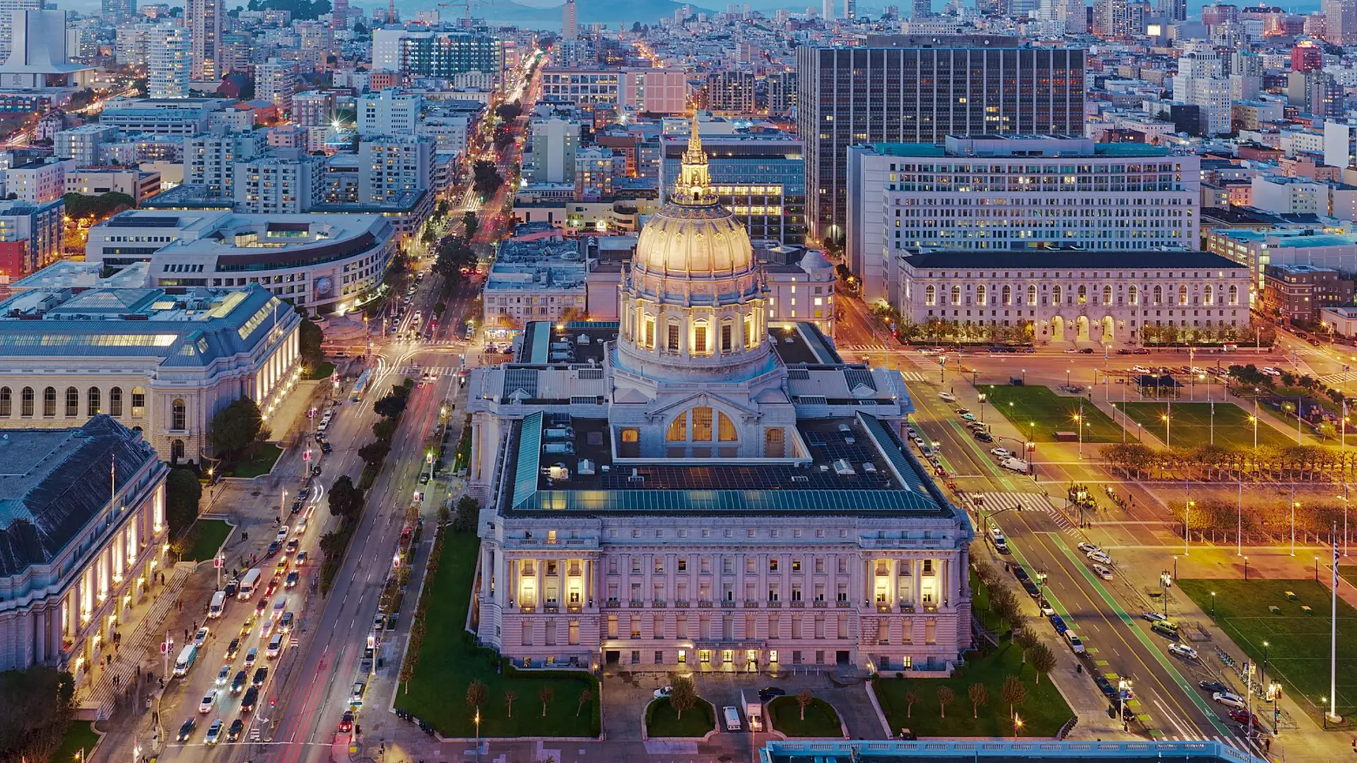 San Francisco City Hall and Civic Center illuminated at dusk