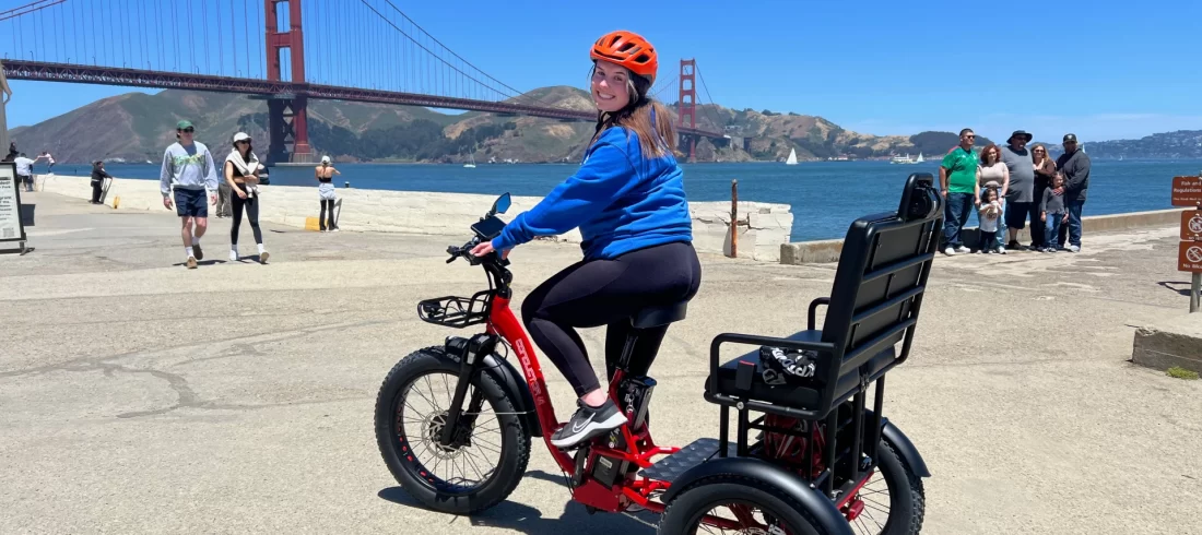 Golden Gate Bridge views - Three person rickshaw E-Trike rental in San Francisco with GPS Tour onboard